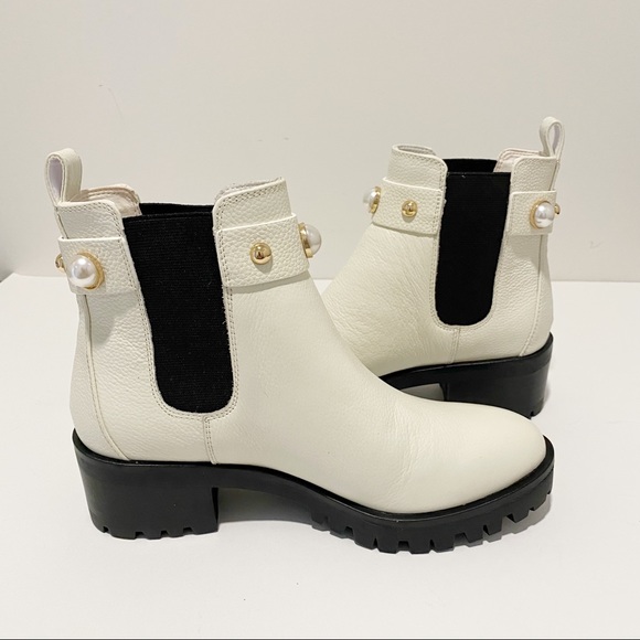 KARL LAGERFELD Pola Leather Off White Pearl Stud Ankle Strap Chelsea Booties NWT - Picture 10 of 16